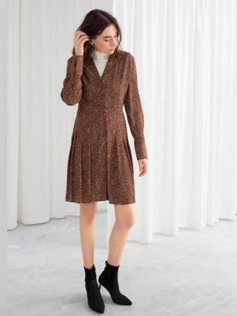 & Other Stories Brown Speckled Mini Dress Size 4 Print Collared Button Front